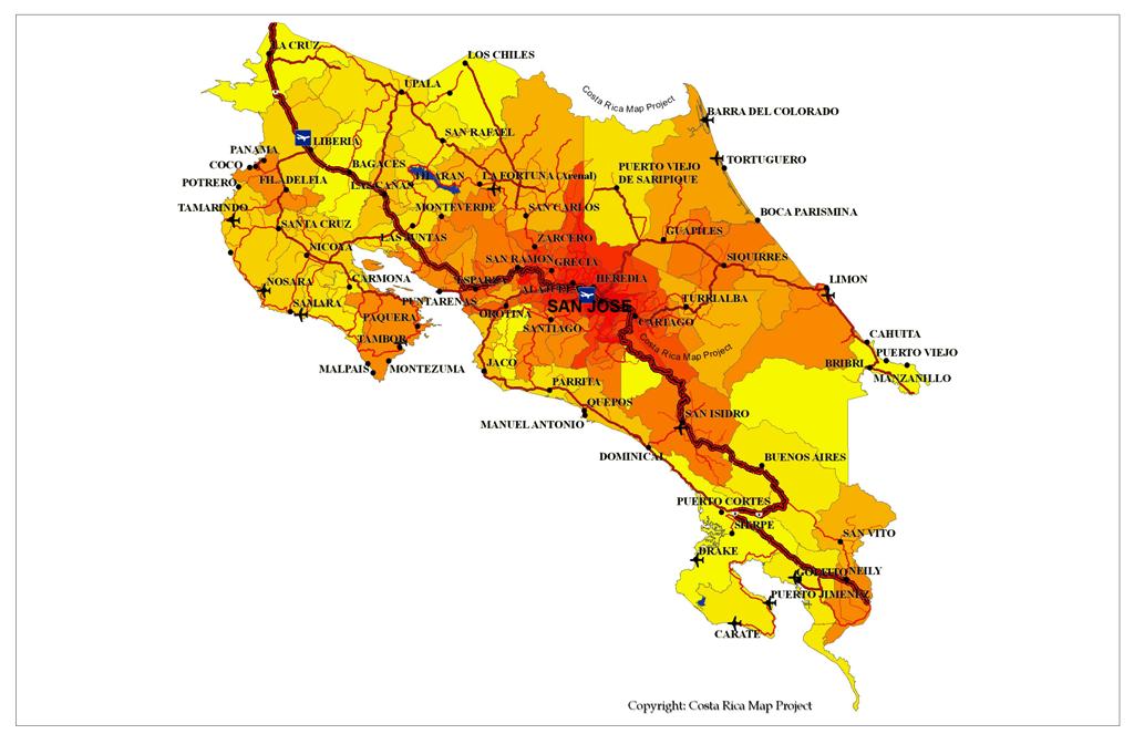 A Map of Costa Rica and Osa Peninsula depicting the main communication roads and the Population Density